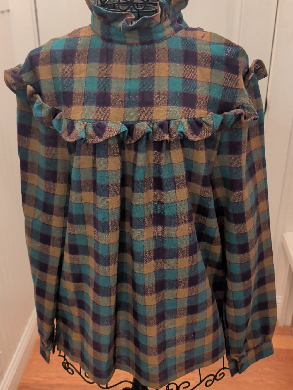 Vintage Plaid Ruffle Yoke Button-Up Top in Teal, Navy & Mustard